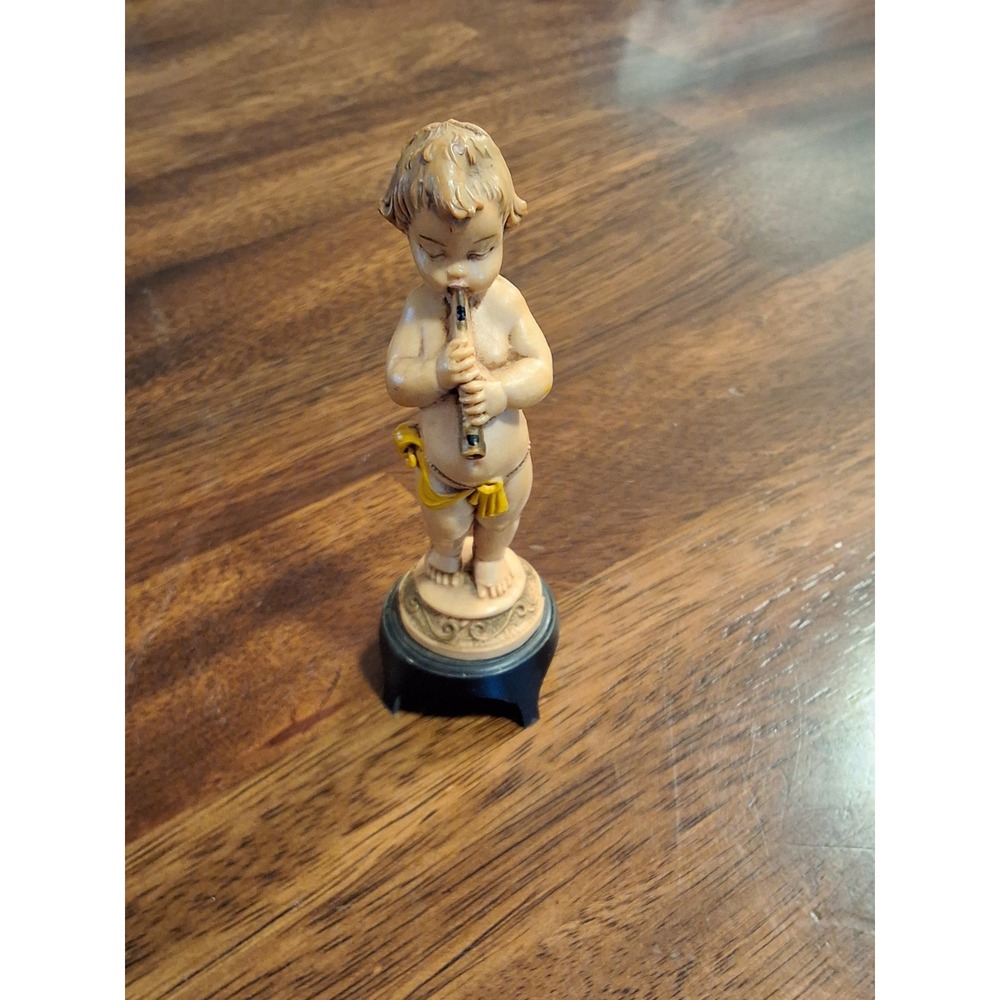 Vintage Fontanini Italy Cherub Putti Playing Flute Figurine Spider Logo 4.25in